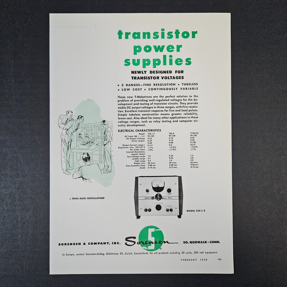 1958 Sorensen Transistor Power Supplies Vintage Print Ad South Norwalk CT Shop